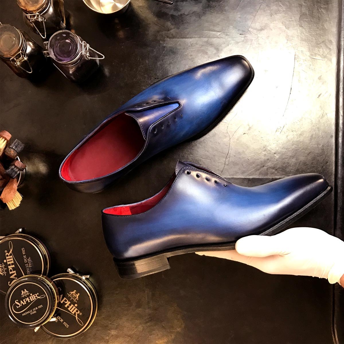 YING - Unique Handcrafted Whole cut Oxford Dress Shoe w/ blue and black handpainted Patina