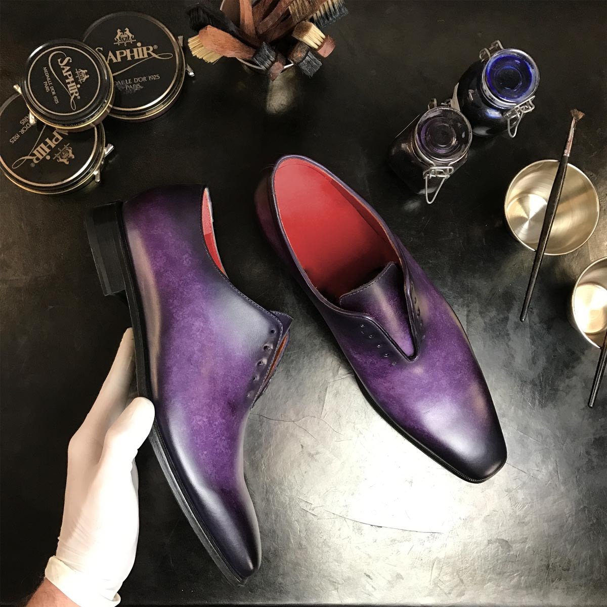 YANG - Unique Handcrafted Whole cut Oxford Dress Shoe w/ purple and black handpainted Patina