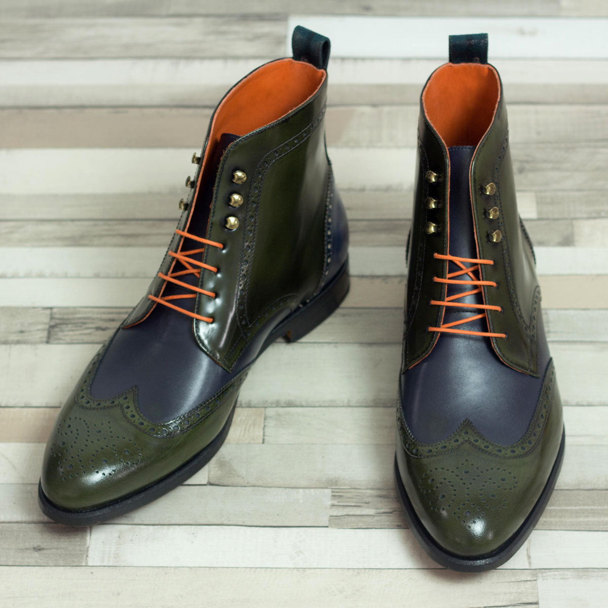 Unique Handcrafted navy painted calf Military style Brogue Dress Boot