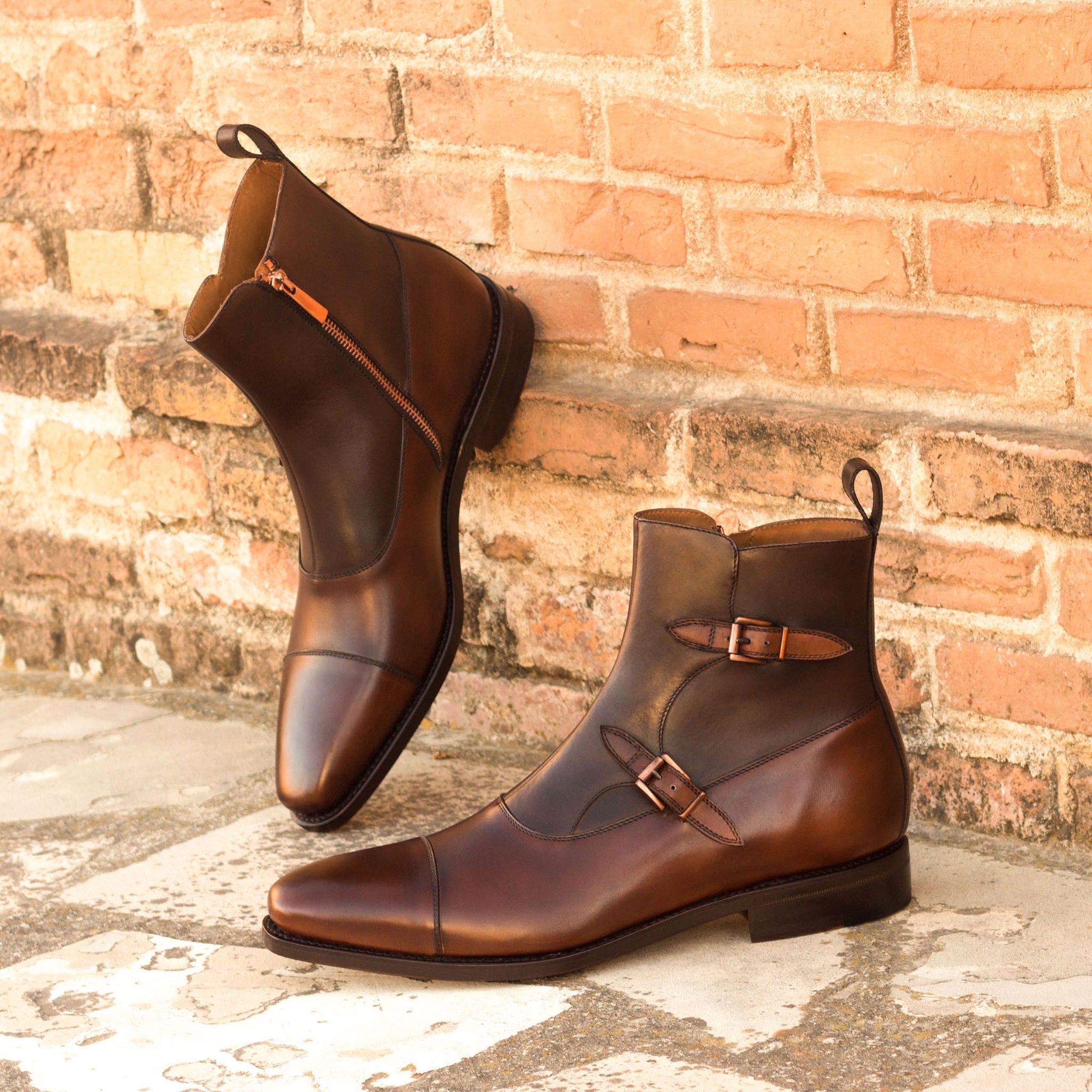 - OCTAVIAN -  Unique Handcrafted Med Brown Painted Calf + Dark Brown Painted Calf
