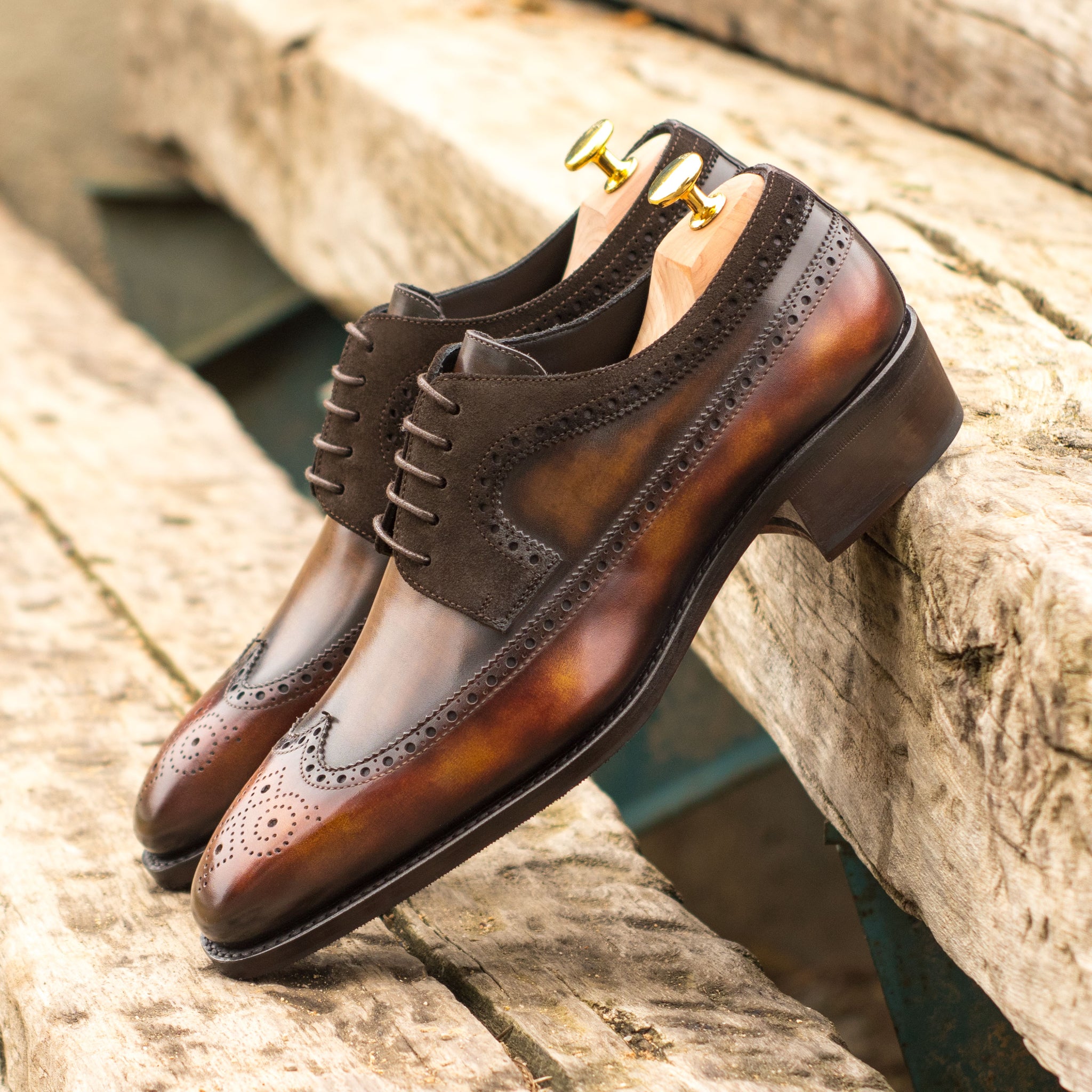 - Unique Handcrafted dark brown lux suede + brown patina + fire patina Longwing Blucher