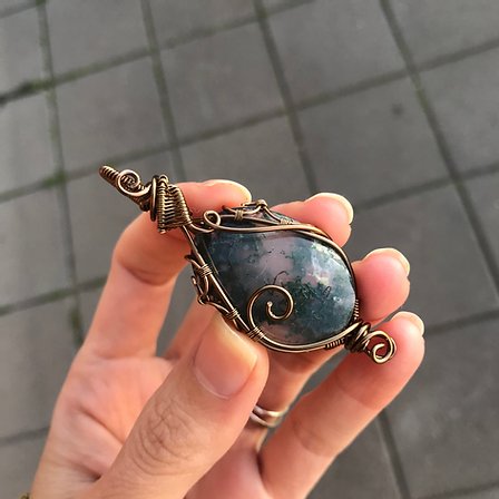 Unique Handcrafted Gemstones -  Moss Agate Crystal Pendant