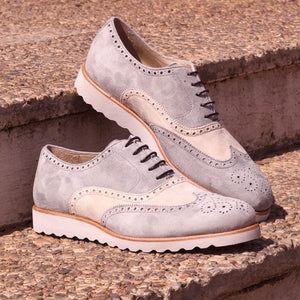 Unique Handcrafted Full Brogue Box White-Grey Lux Suede w/ Wedge Sole