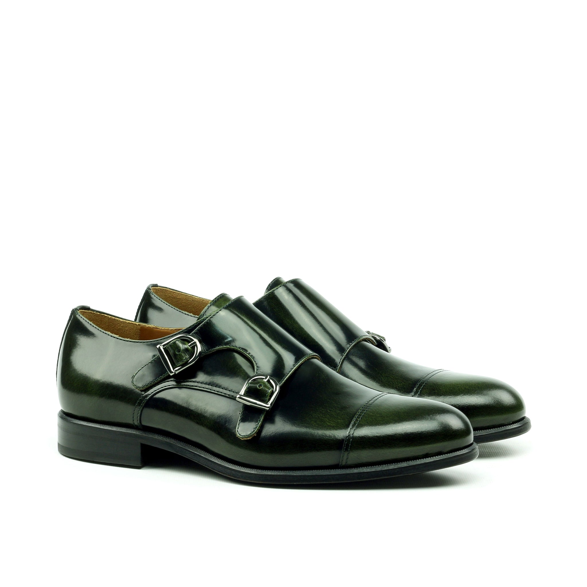 Unique Handcrafted Green Polished Calf Double Strap Monkstrap