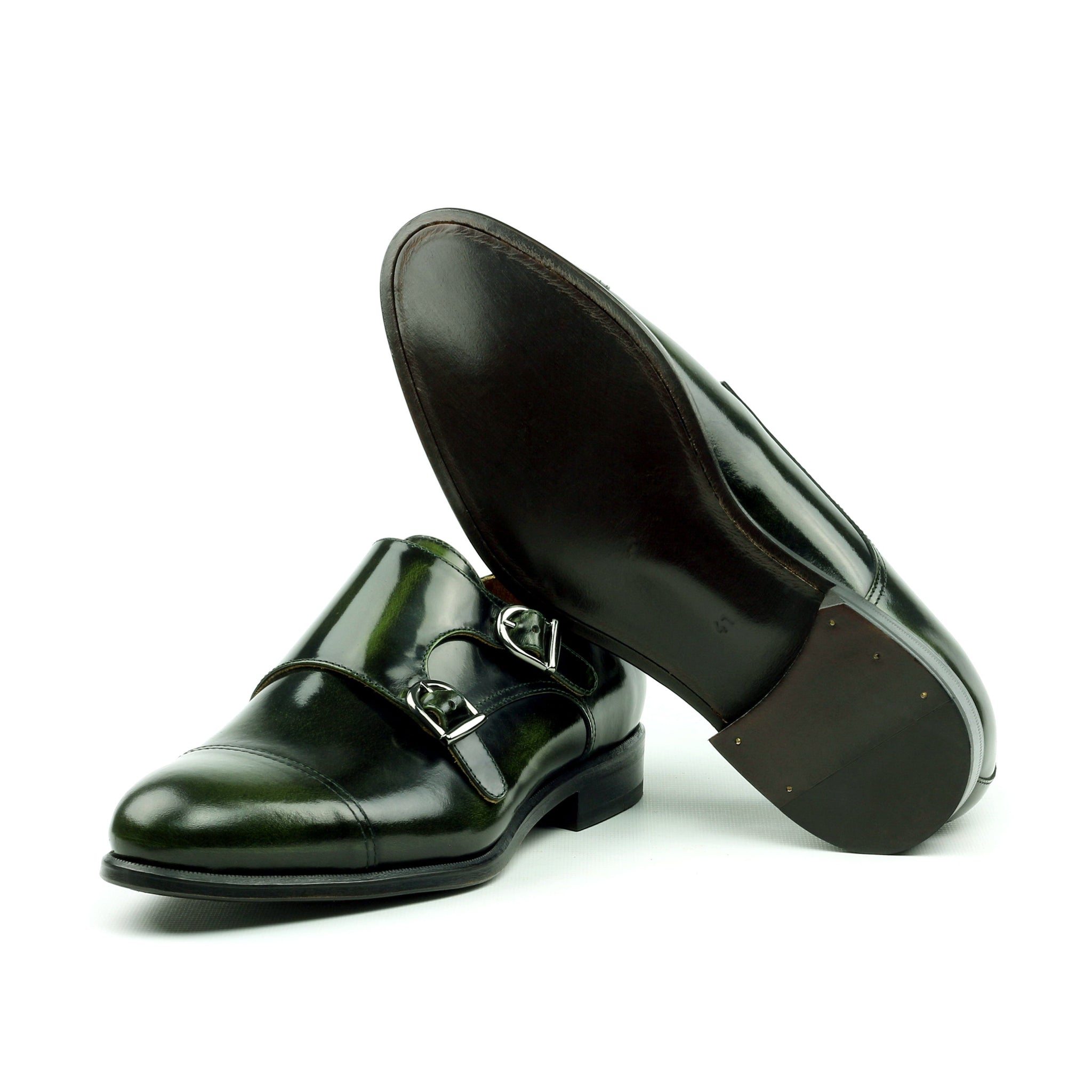 Unique Handcrafted Green Polished Calf Double Strap Monkstrap
