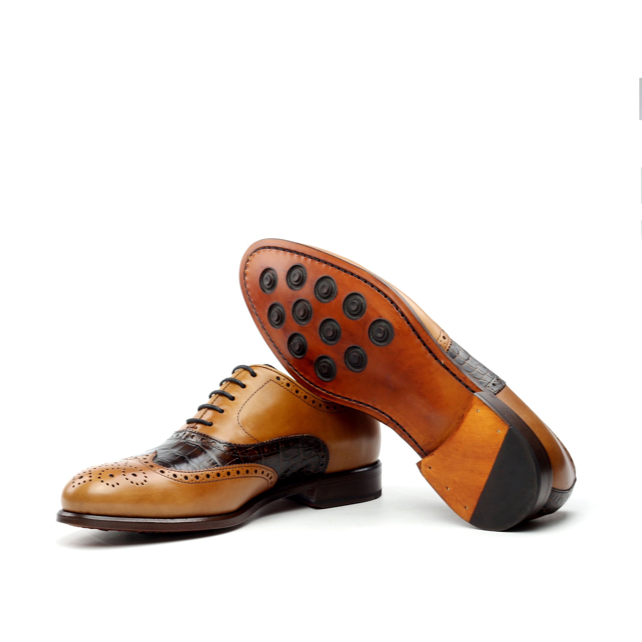 CRASSUS - Unique Handcrafted Golden Brown Oxford Dress W/ Exotic Croc Highlights