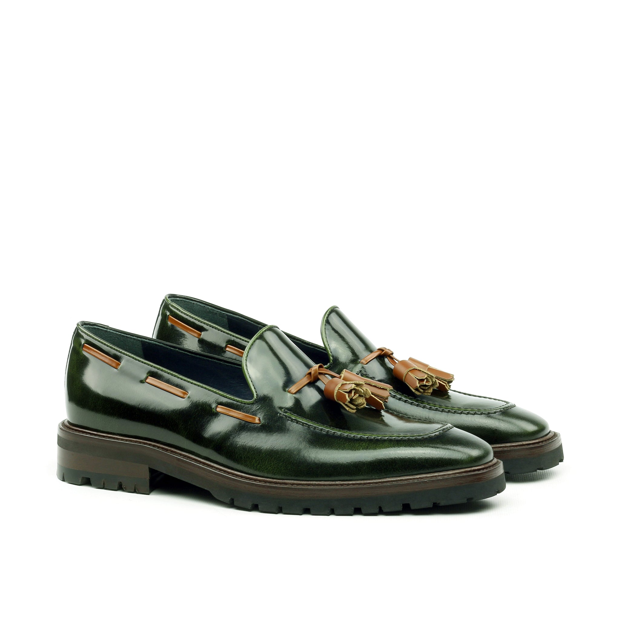 Unique Handcrafted Green Polish Calf Laceless Loafer w/ Tassles