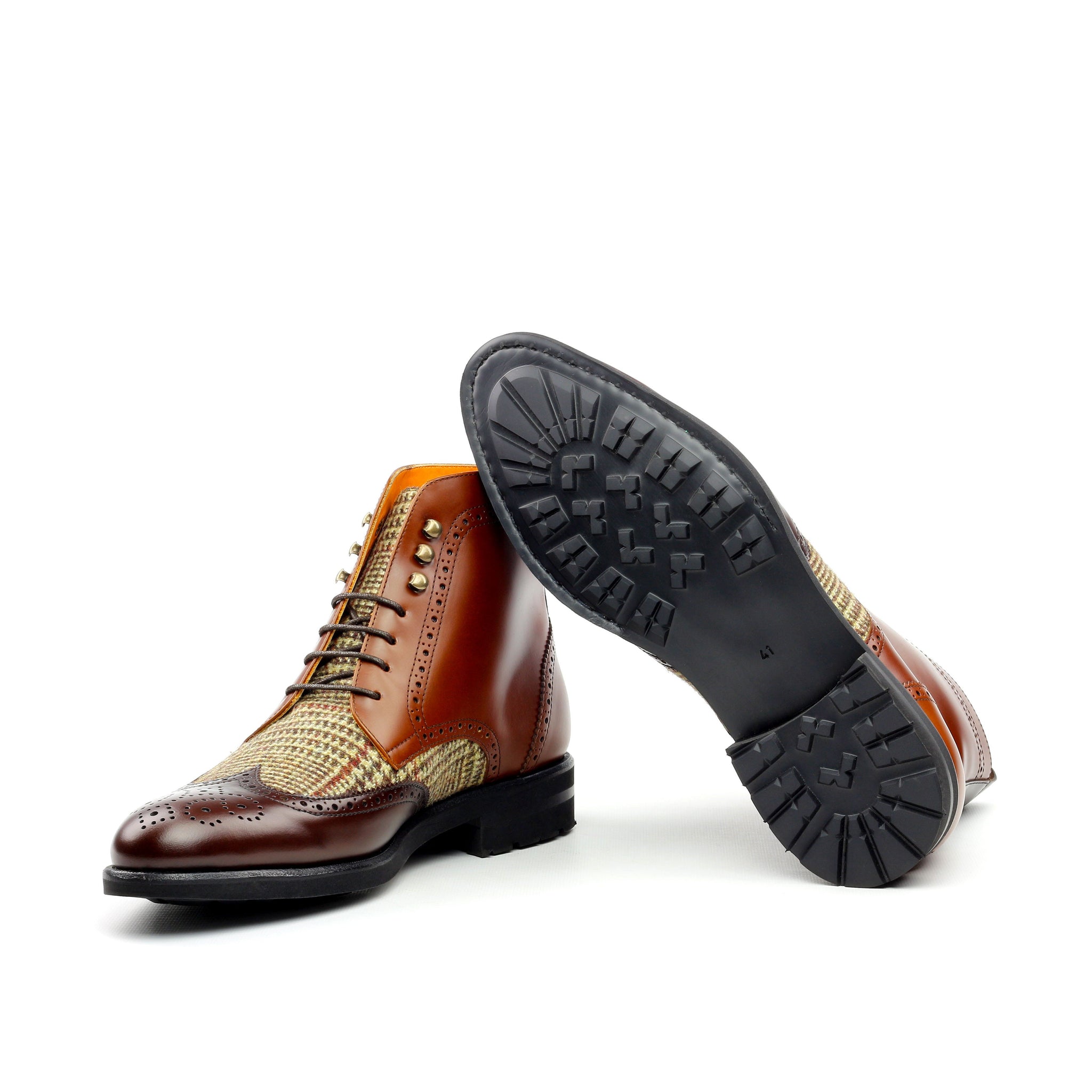 Unique Handcrafted Cognac Polish Calf Military Style Brogue Boot